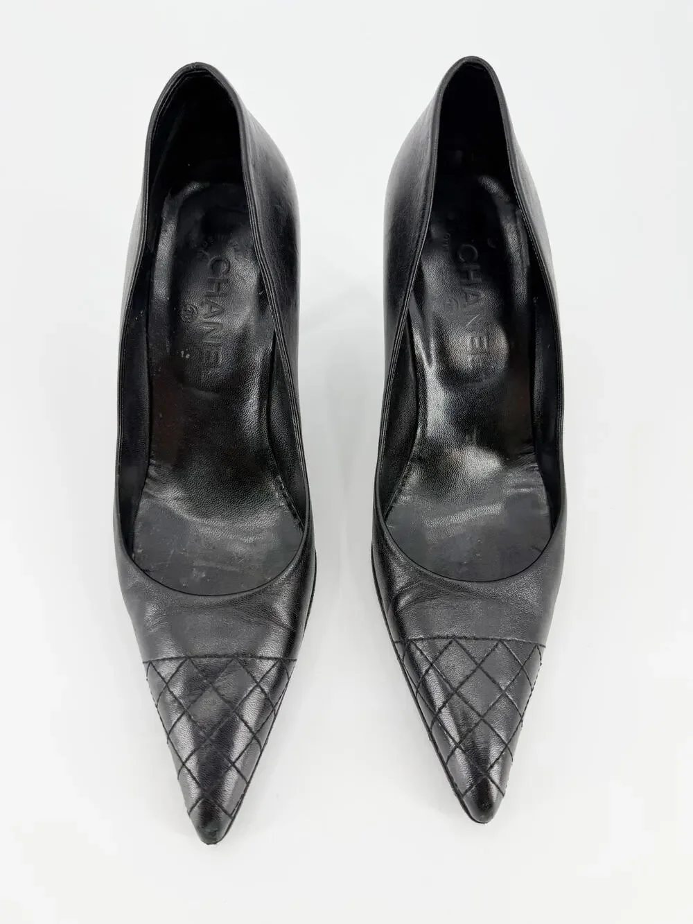 Chanel Quilted Cap Toe Pointed Pumps Black Leather CC Logo Back Heel Shoes 39